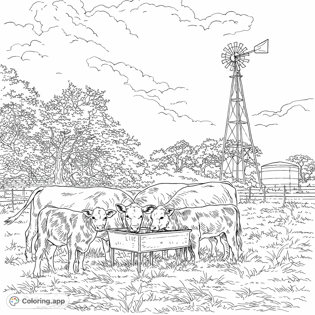 A tranquil farm scene featuring a herd of cattle, including calves, gathered around a trough with a classic windmill and rural landscape in the background.