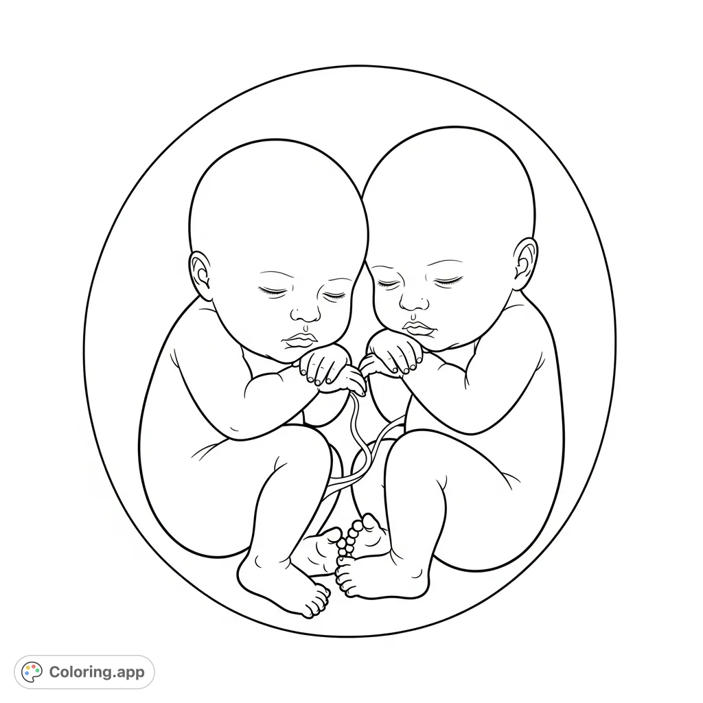 Discover a serene twin babies coloring page featuring two infants peacefully nestled in a gentle embrace, enclosed by a simple, comforting circular outline.