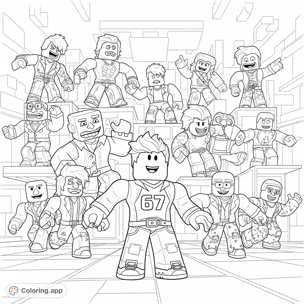 Dive into the blocky world of Roblox with the iconic 67 character and various meme figures interacting in a dynamic, detailed scene. A fun, free printable for all fans!