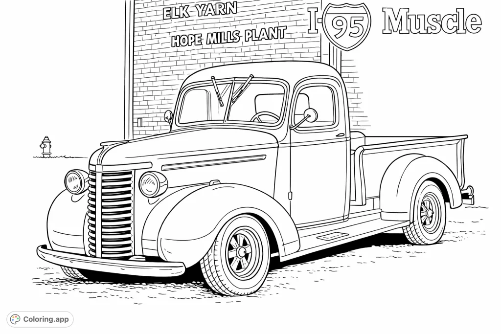 Color this classic pickup truck with its rounded features and detailed grille, parked against a brick building. A nostalgic vehicle ready for your creative touch.