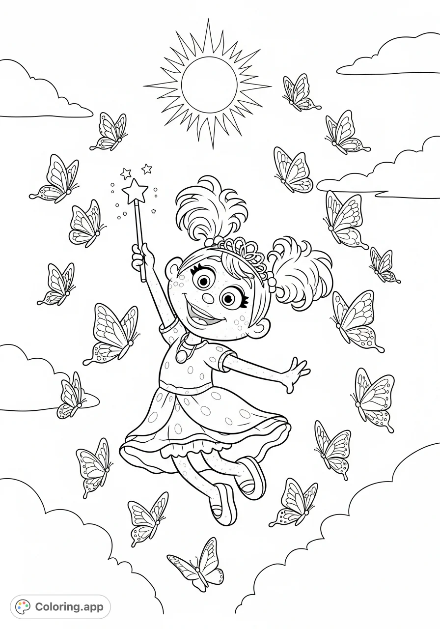 Join Abby Cadabby on a whimsical flight with her magic wand and fluttering butterflies under a smiling sun. A delightful, free printable coloring page for kids!