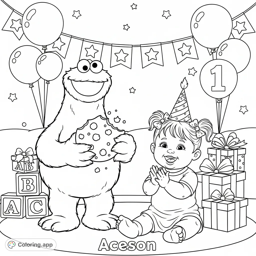 Join Cookie Monster and Aceson in a delightful celebration scene! Features the friendly monster with a cookie, a happy toddler, ABC blocks, gifts, and festive decor.