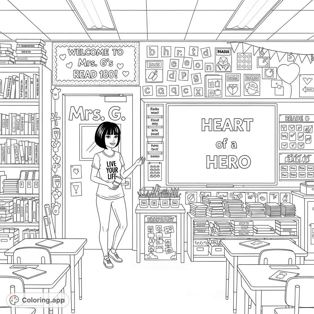 Explore Mrs. G's vibrant reading classroom! Featuring a teacher, books, and inspiring messages, perfect for a classroom coloring page and young learners.