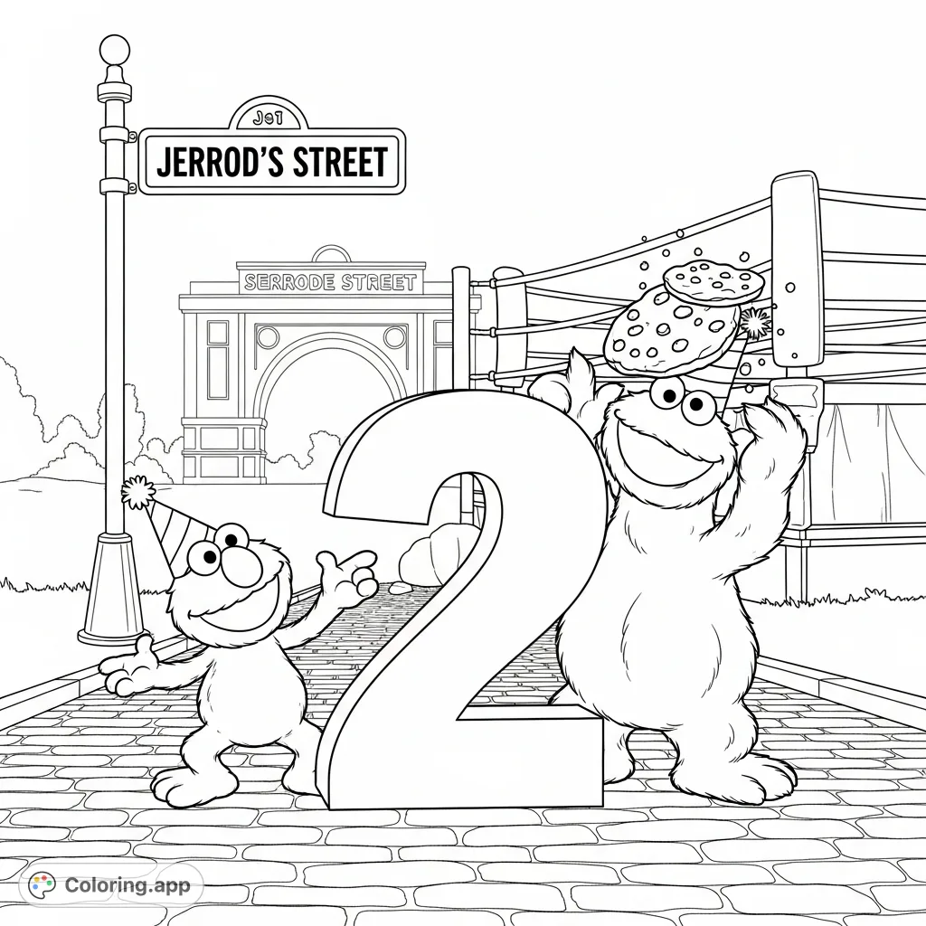 Elmo and Cookie Monster celebrate with a giant number 2 on a whimsical Sesame Street. Perfect for young fans to color and learn!