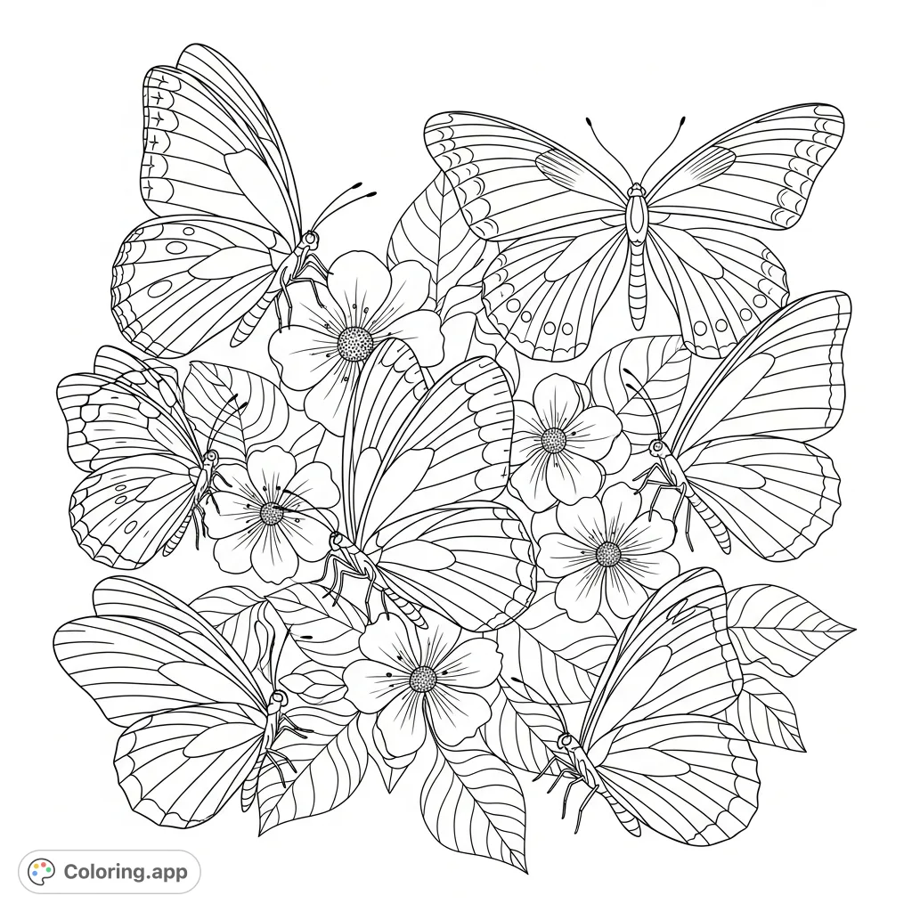 A beautiful array of butterflies with intricate wing patterns, fluttering among detailed flowers and foliage. Perfect for a relaxing coloring experience.