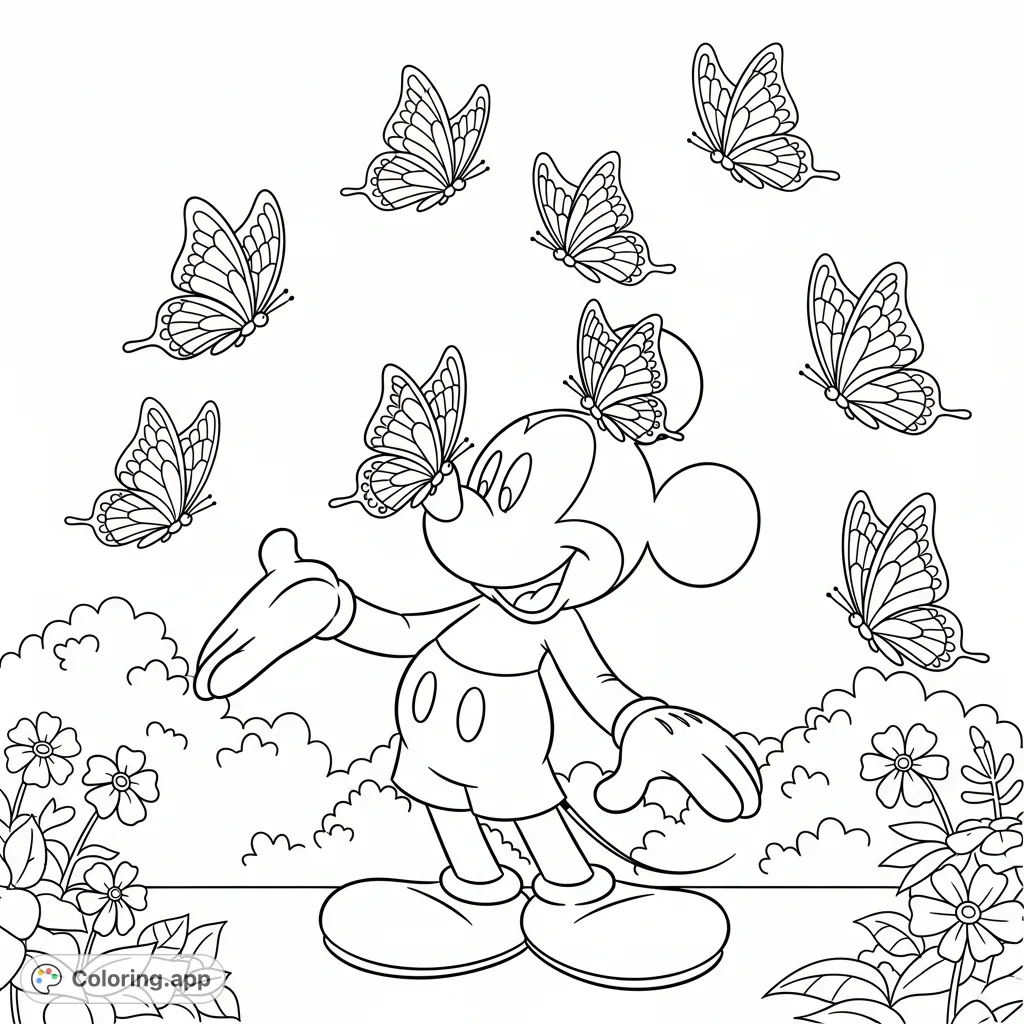 Join Mickey Mouse among fluttering butterflies in a charming garden scene. A delightful free printable Mickey Mouse coloring page for kids and Disney fans.