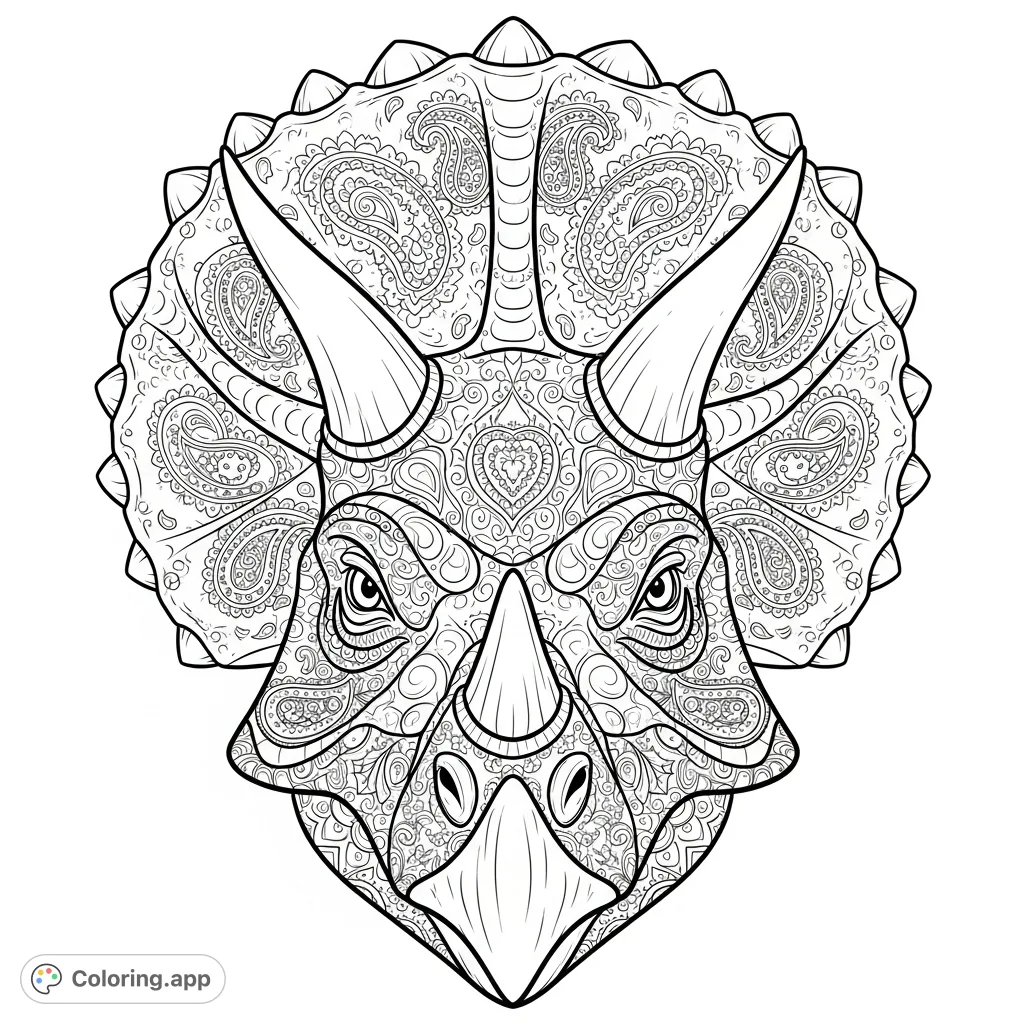 Discover a unique triceratops coloring page featuring intricate paisley patterns across its frill and cheeks. A detailed prehistoric adventure awaits!