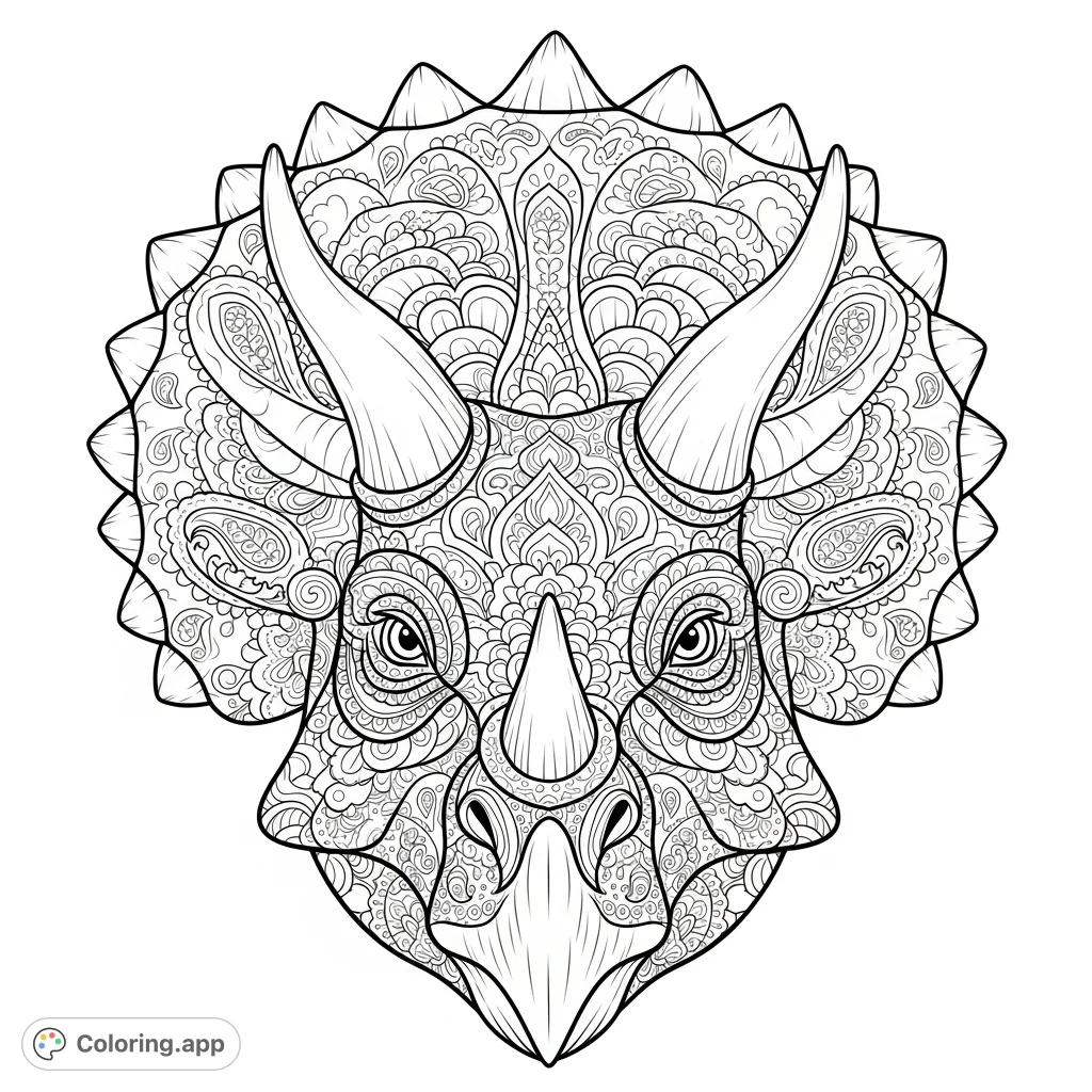 An intricate triceratops headshot featuring a large frill and textured skin covered in layered paisley patterns. A challenging and detailed coloring page.