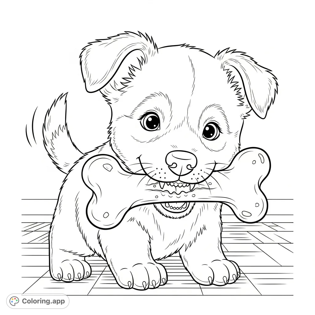 A charming puppy enthusiastically chews on its favorite bone, capturing a moment of playful delight for all ages to color.