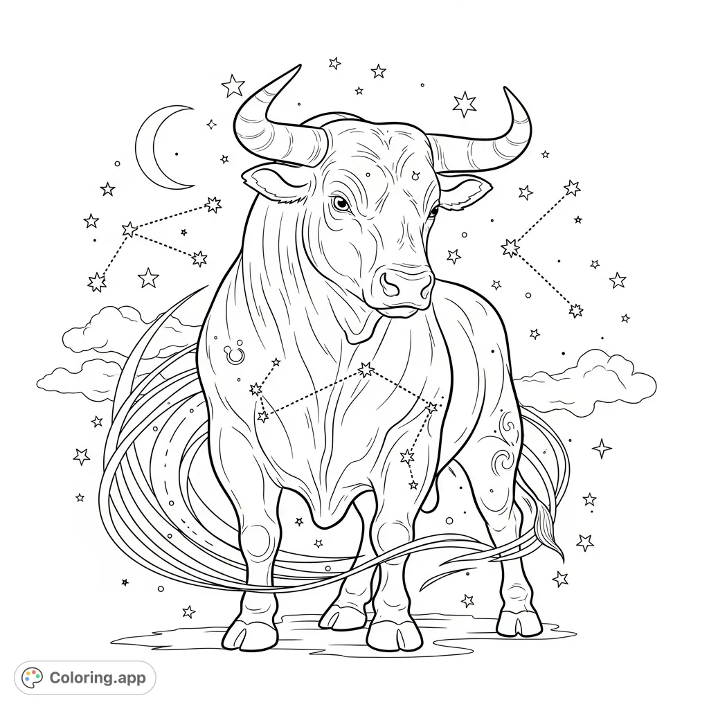 Color a majestic Taurus bull surrounded by celestial elements and zodiac symbols. A powerful design perfect for astrology enthusiasts.