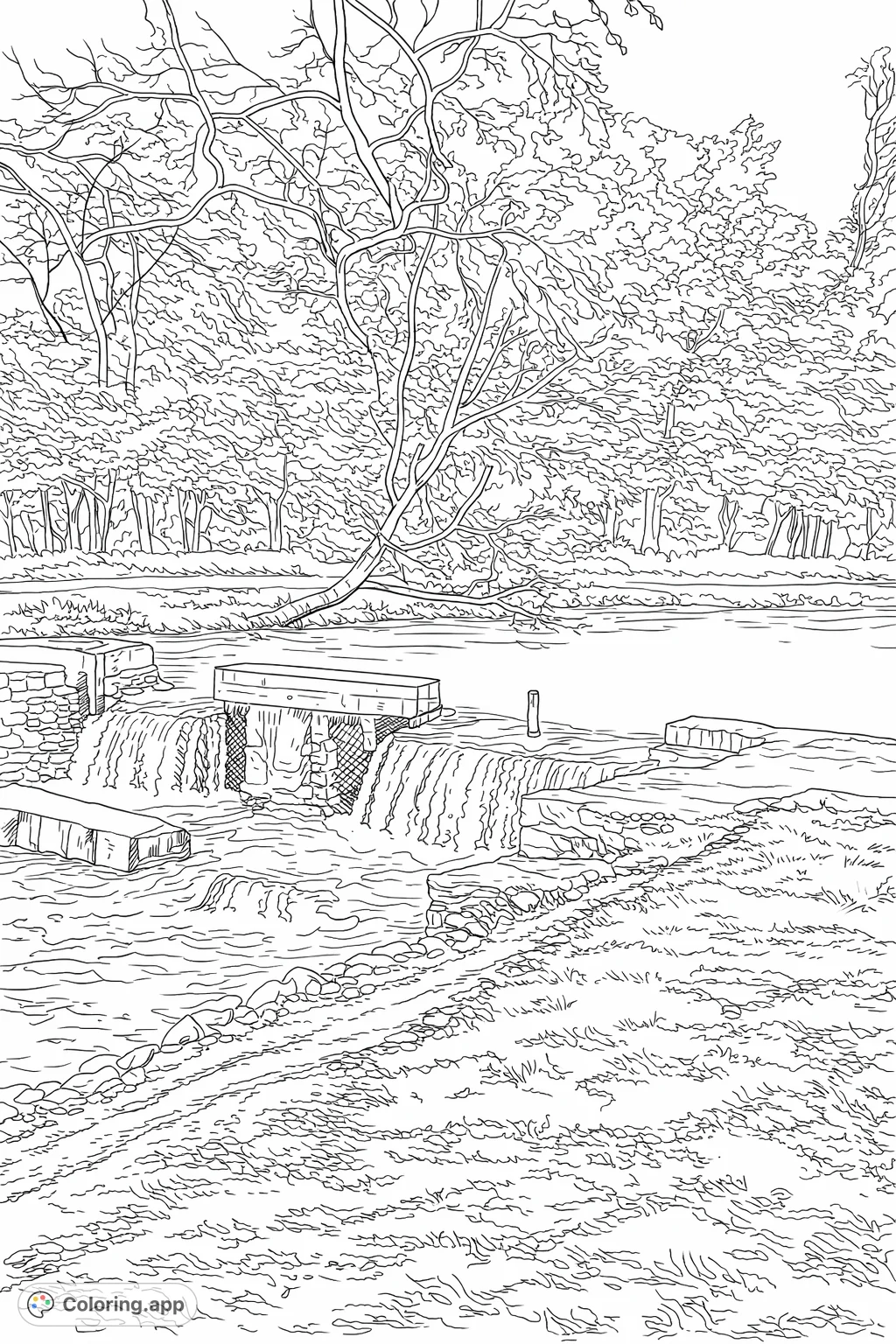 A peaceful nature scene featuring a multi-tiered waterfall cascading over rustic stone and wood, surrounded by lush forest and a tranquil stream. Perfect for nature lovers.