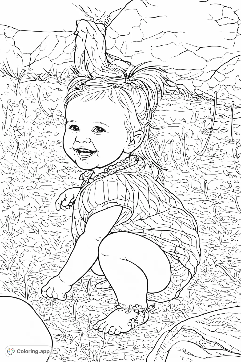 A delightful coloring page featuring a smiling baby with pigtails, squatting playfully on grassy ground near rocks. Perfect for joyous coloring.