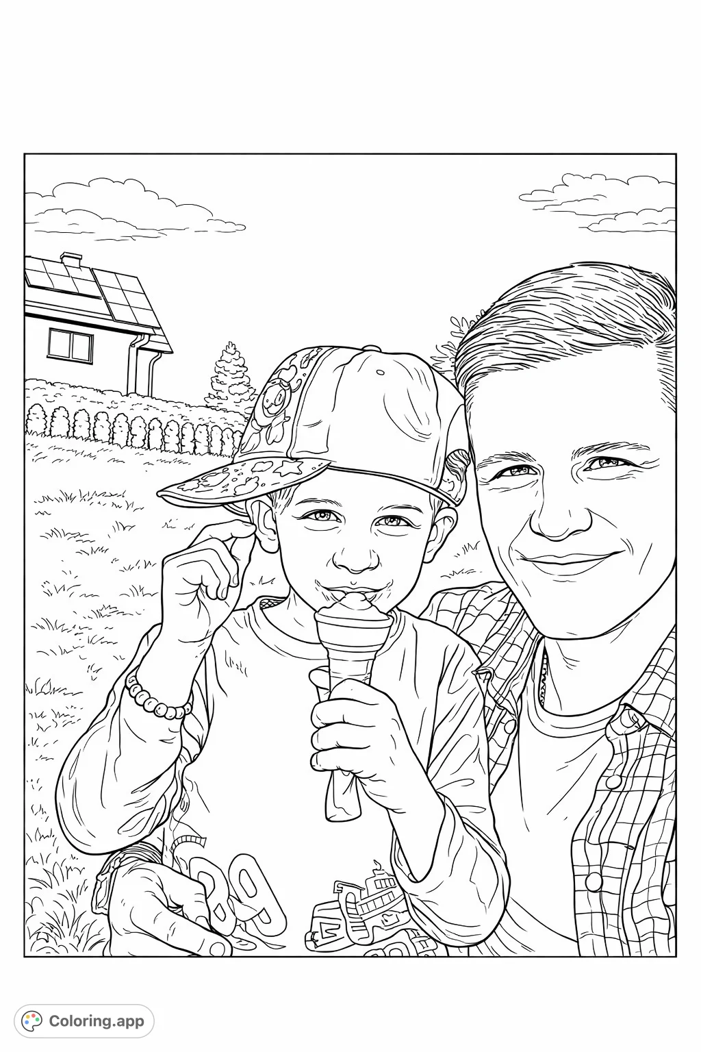 A joyful family coloring page featuring an adult and child sharing a delightful ice cream moment outdoors, with a house and nature elements in the background.
