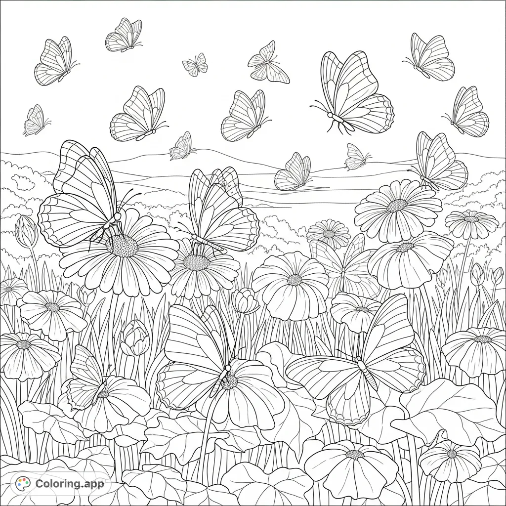 A vibrant scene filled with numerous butterflies fluttering amidst a detailed garden of blossoms and foliage, inviting a burst of creative color. Free printable.