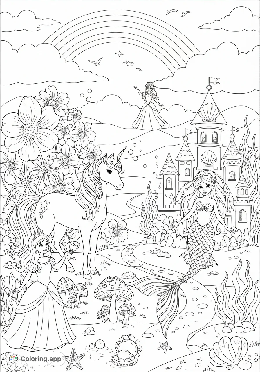 Dive into a magical world with unicorns, mermaids, and princesses amidst rainbows, underwater castles, and enchanted gardens in this whimsical free printable coloring page.