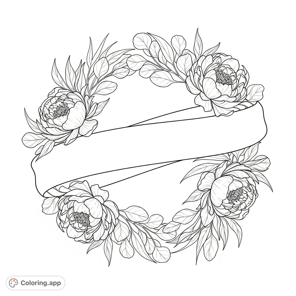 An intricate botanical coloring page featuring a circular frame of blooming peonies and eucalyptus leaves, with a central empty banner for personalization.