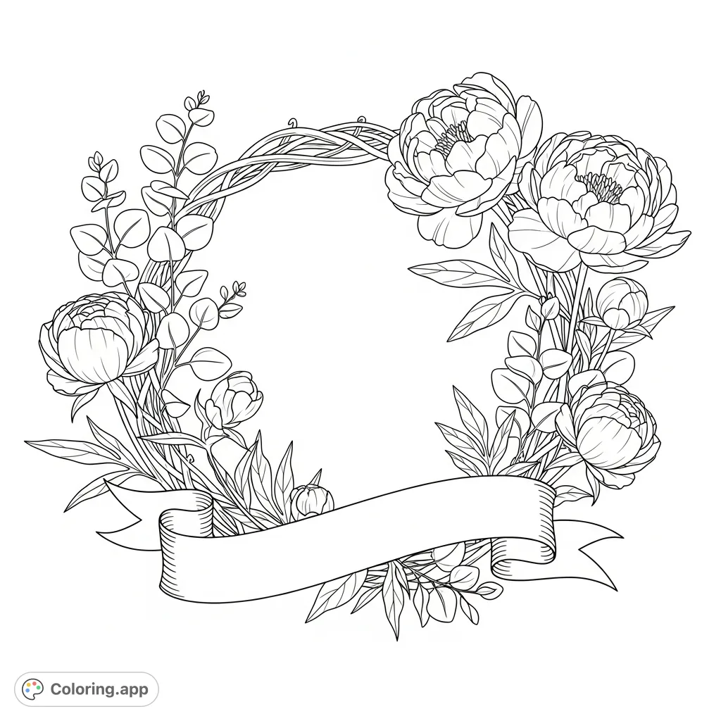 An elegant peony and eucalyptus floral frame with a blank ribbon banner, intricately woven for a detailed botanical coloring experience.