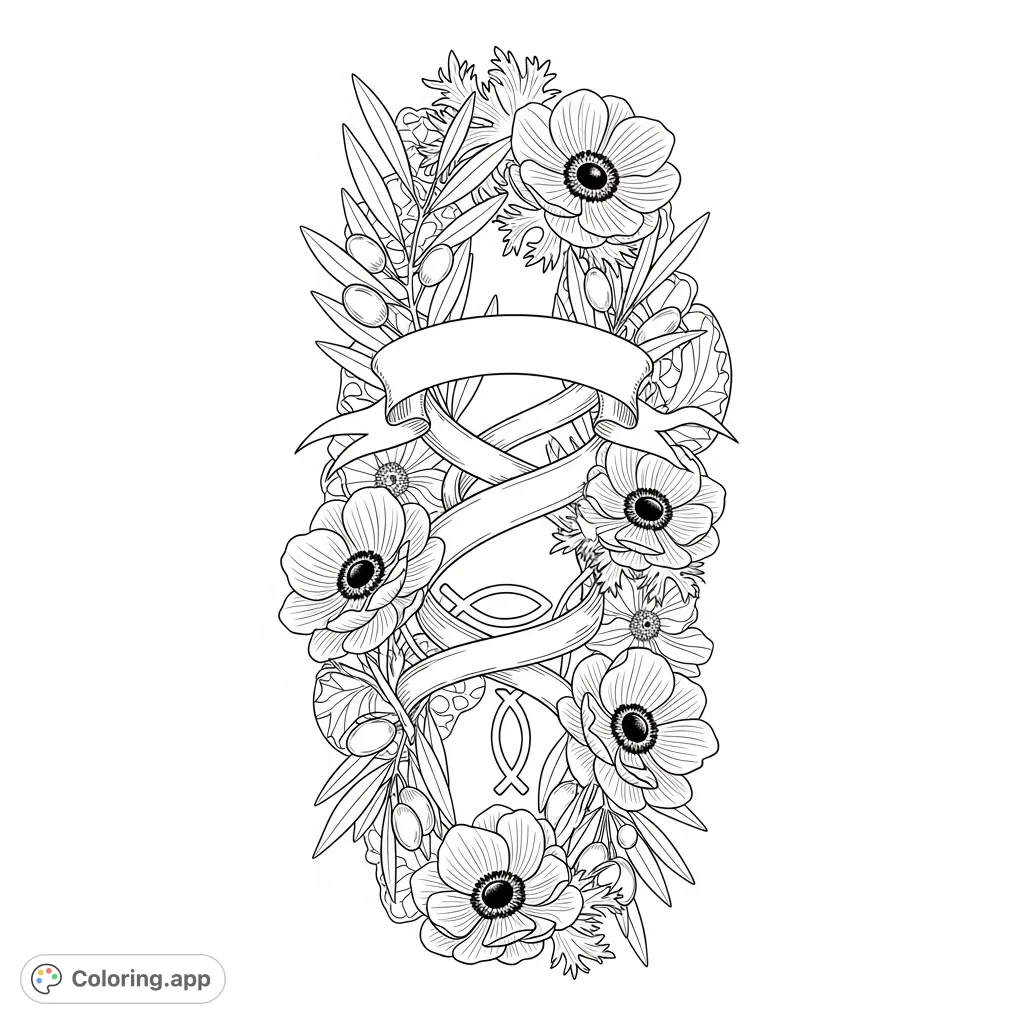 An intricately detailed botanical illustration coloring page featuring a vertical wreath of wild olive branches and blooming anemones with a central decorative ribbon.