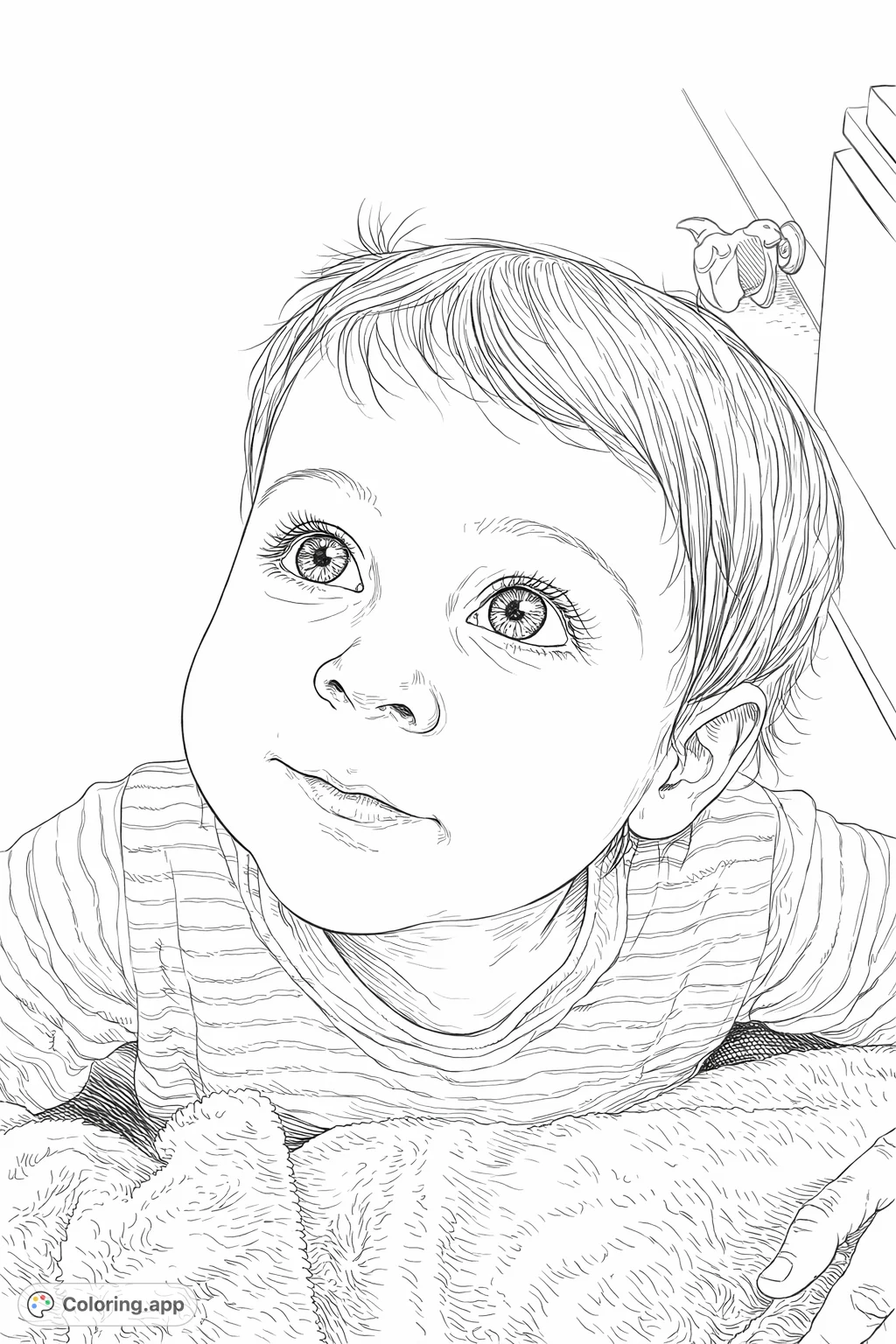 A delightful realistic drawing of a curious baby looking upwards, wearing a striped shirt and resting on a soft blanket. A heartwarming scene perfect for coloring.