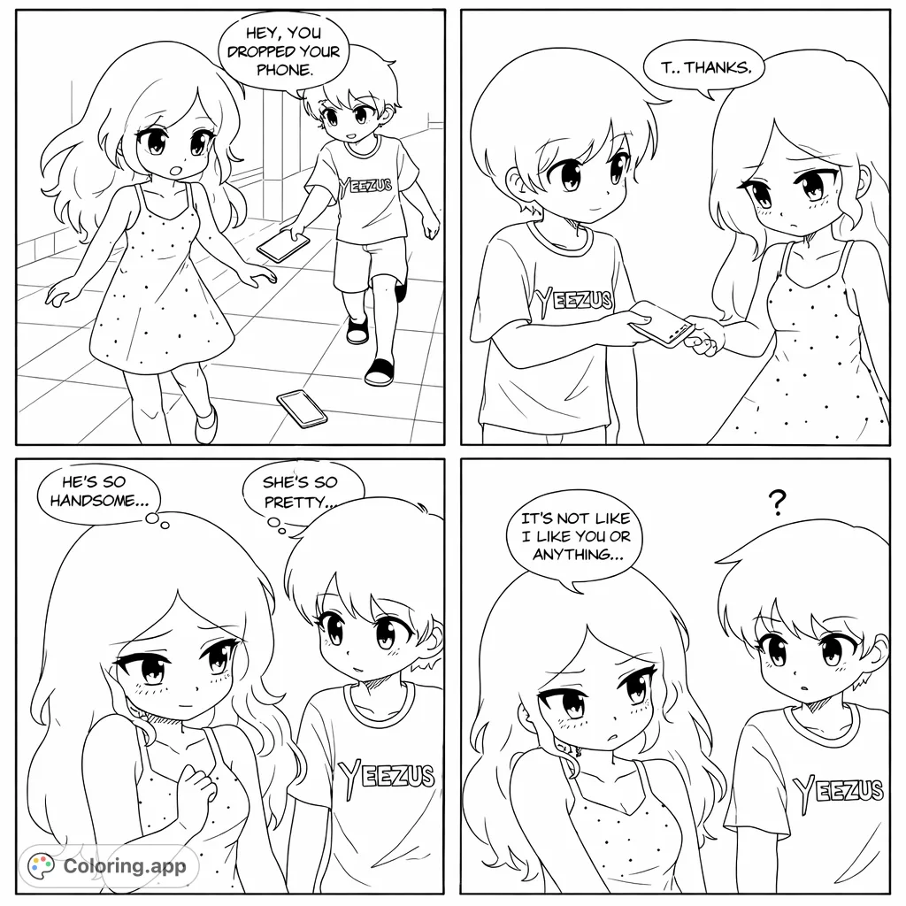 Explore a charming four-panel comic coloring page detailing a sweet, awkward encounter between a boy and a girl, perfect for anime romance fans.