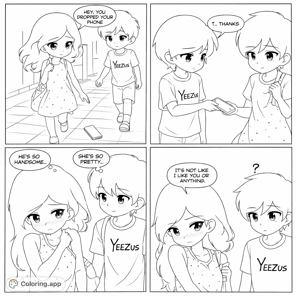 Color a charming manga-style comic strip! Follow two characters through a cute interaction, from a dropped phone to a shy confession. Perfect for anime fans!