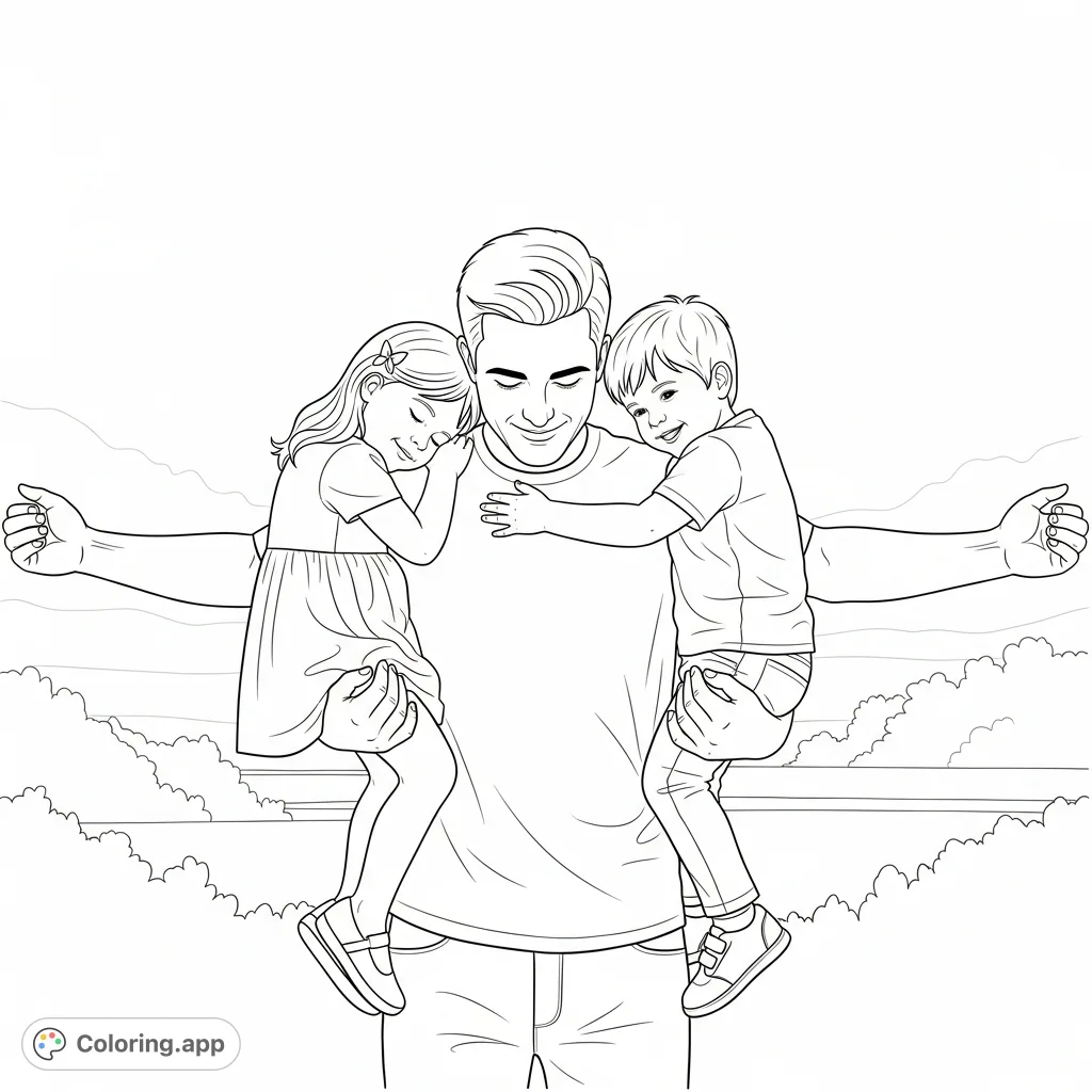 Capture a tender family moment with this heartwarming father and children coloring page. Features a dad embracing his daughter and son with joyful expressions.