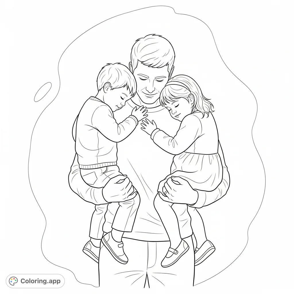 A heartwarming scene of a father embracing his son and daughter, conveying deep affection and comfort. Perfect for a family coloring page.