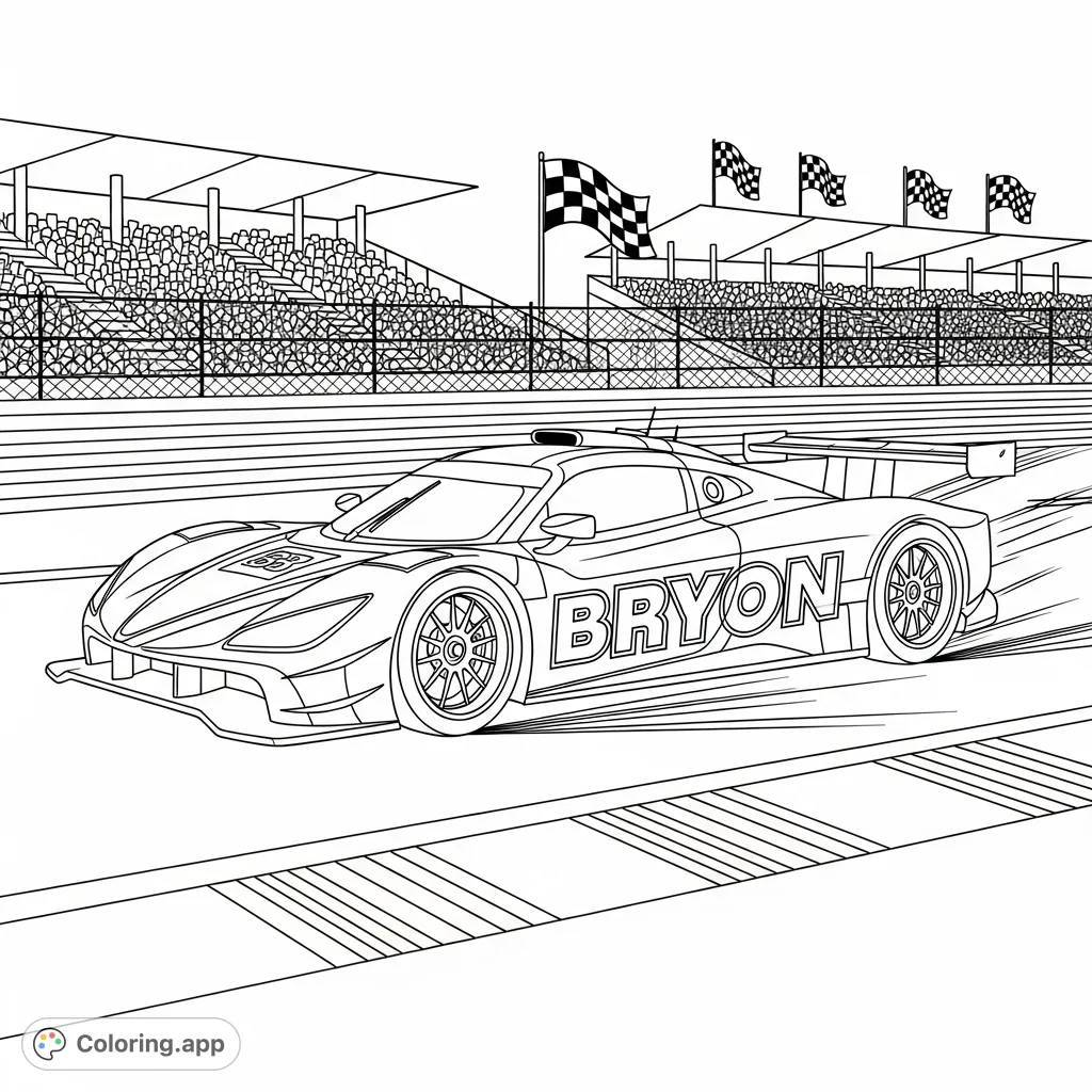 Zoom into action with Bryon's race car coloring page! Featuring a powerful, personalized race car speeding down a track with cheering crowds.