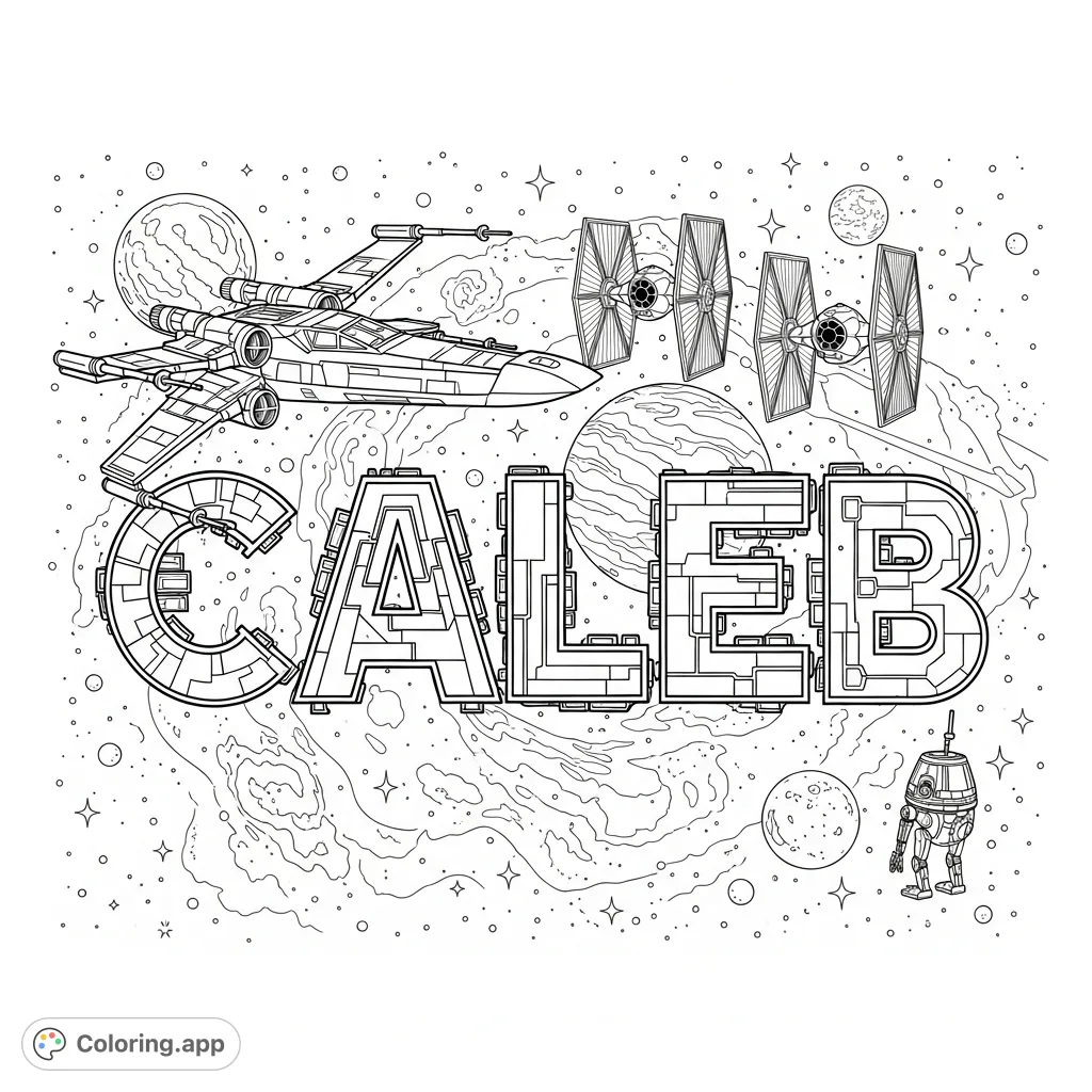 A dynamic "Caleb" name coloring page with an exciting Star Wars theme. Features iconic ships, droids, and a cosmic background for all fans.