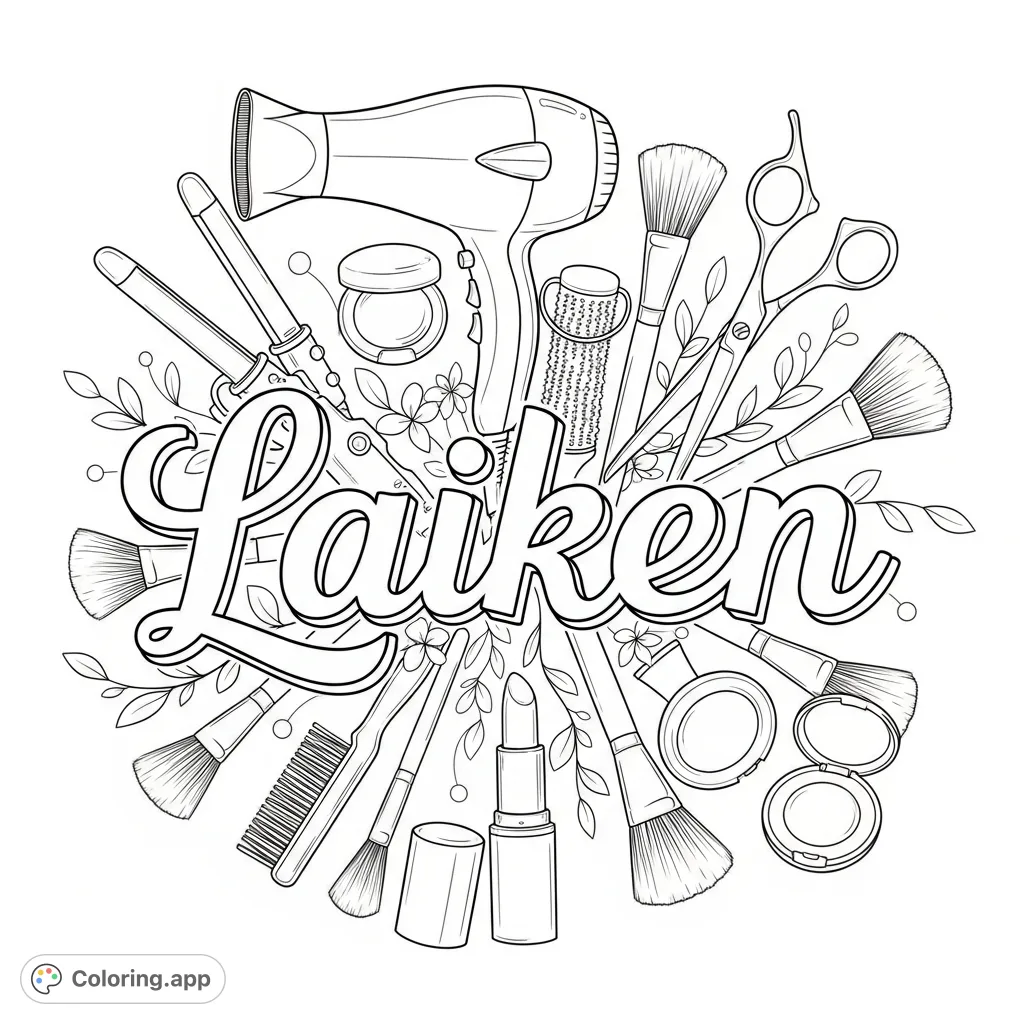 A creative Laiken name coloring page featuring detailed cosmetology tools and beauty elements. Perfect for aspiring stylists and beauty enthusiasts.