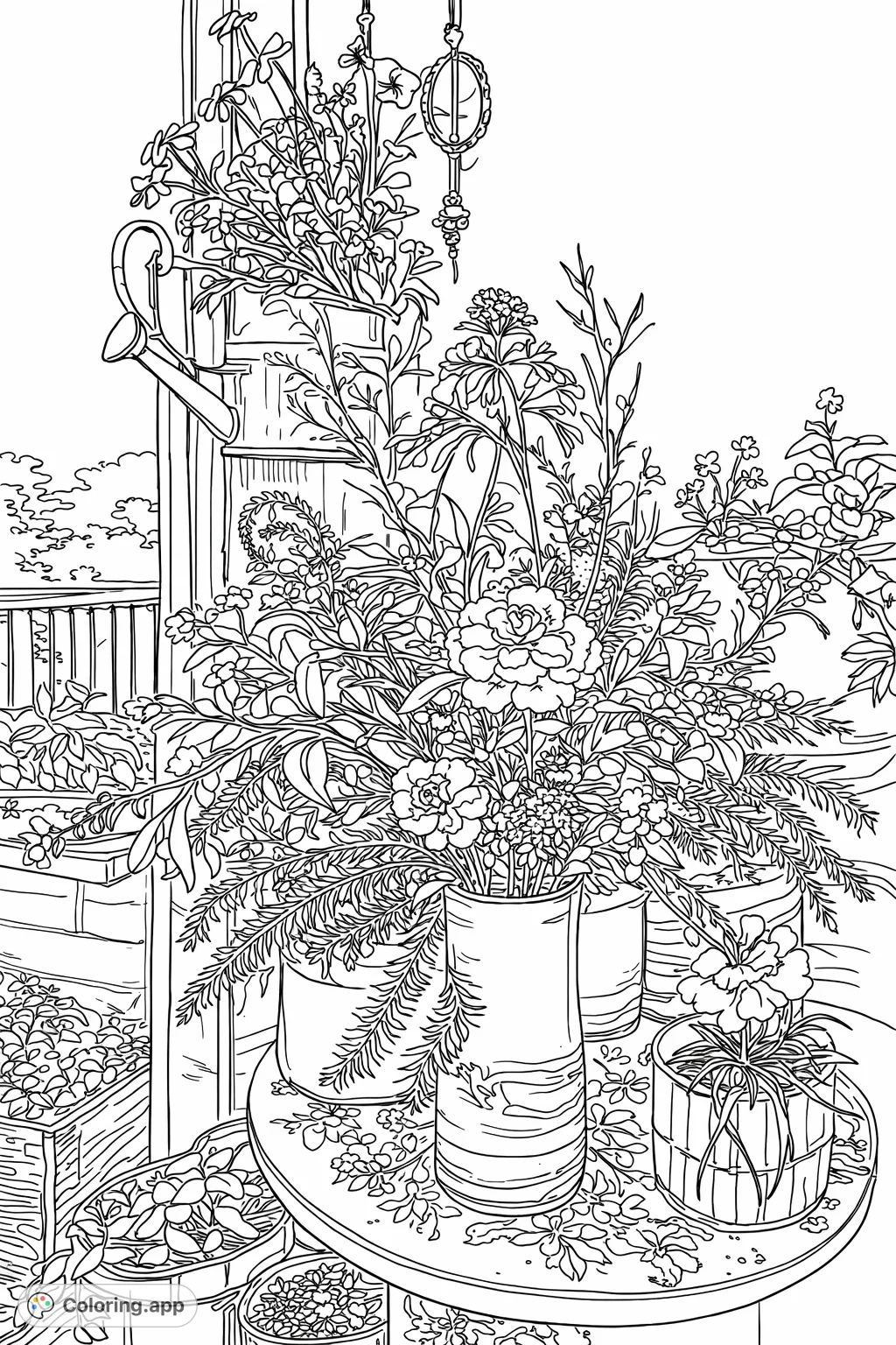 A detailed coloring page featuring a bountiful floral arrangement in a textured vase on a patterned table, surrounded by unique planters and garden elements.