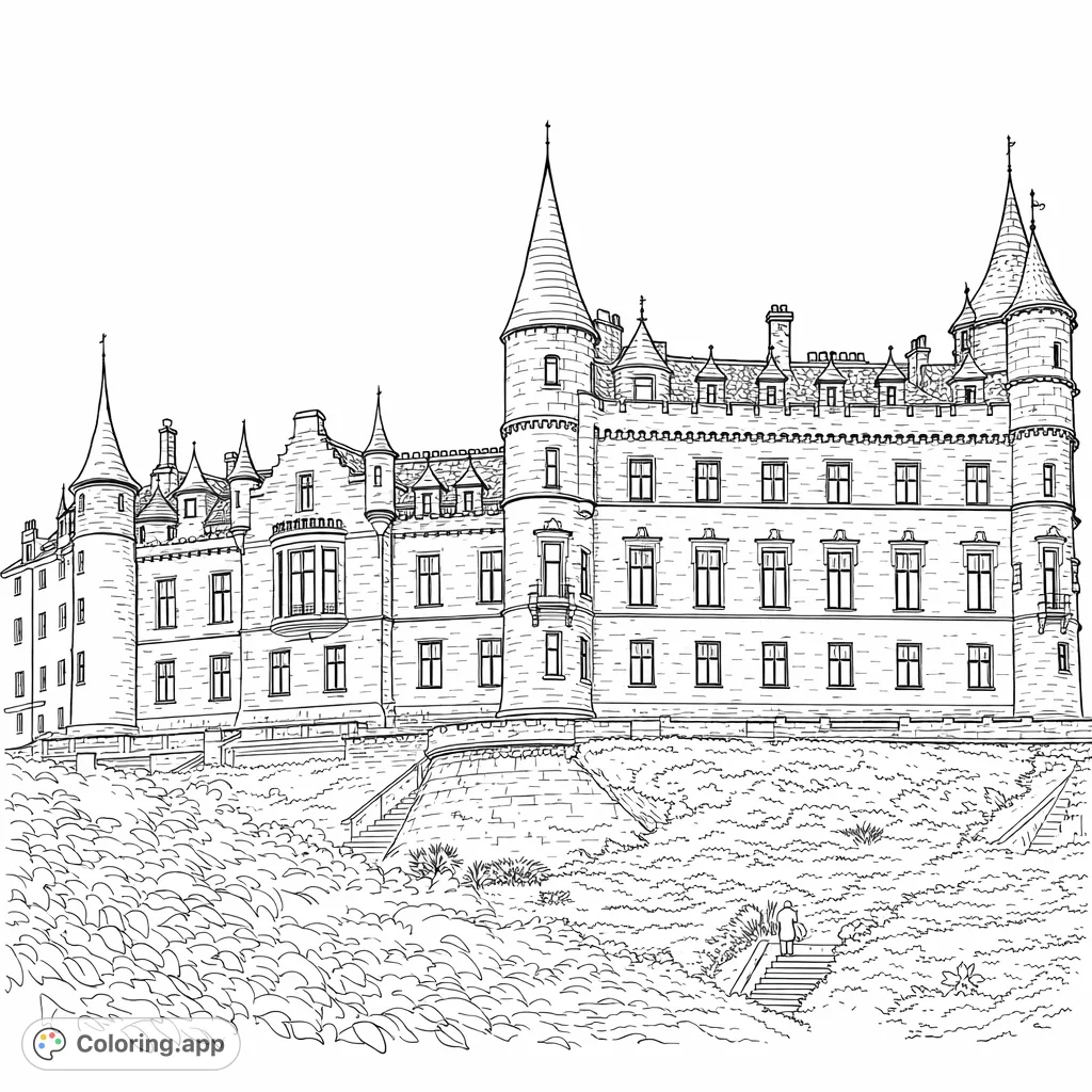 A majestic, highly detailed castle with numerous turrets and intricate stonework, nestled on a lush, sloping hill under a dynamic sky. Perfect for architectural enthusiasts.