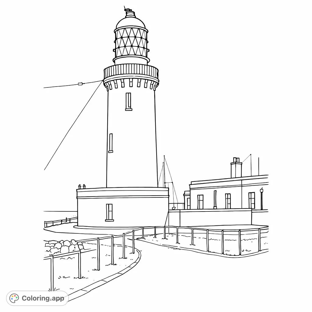 A realistic lighthouse coloring page featuring a grand tower and keeper's building on a coastal cliff. A simple, free printable for all ages.