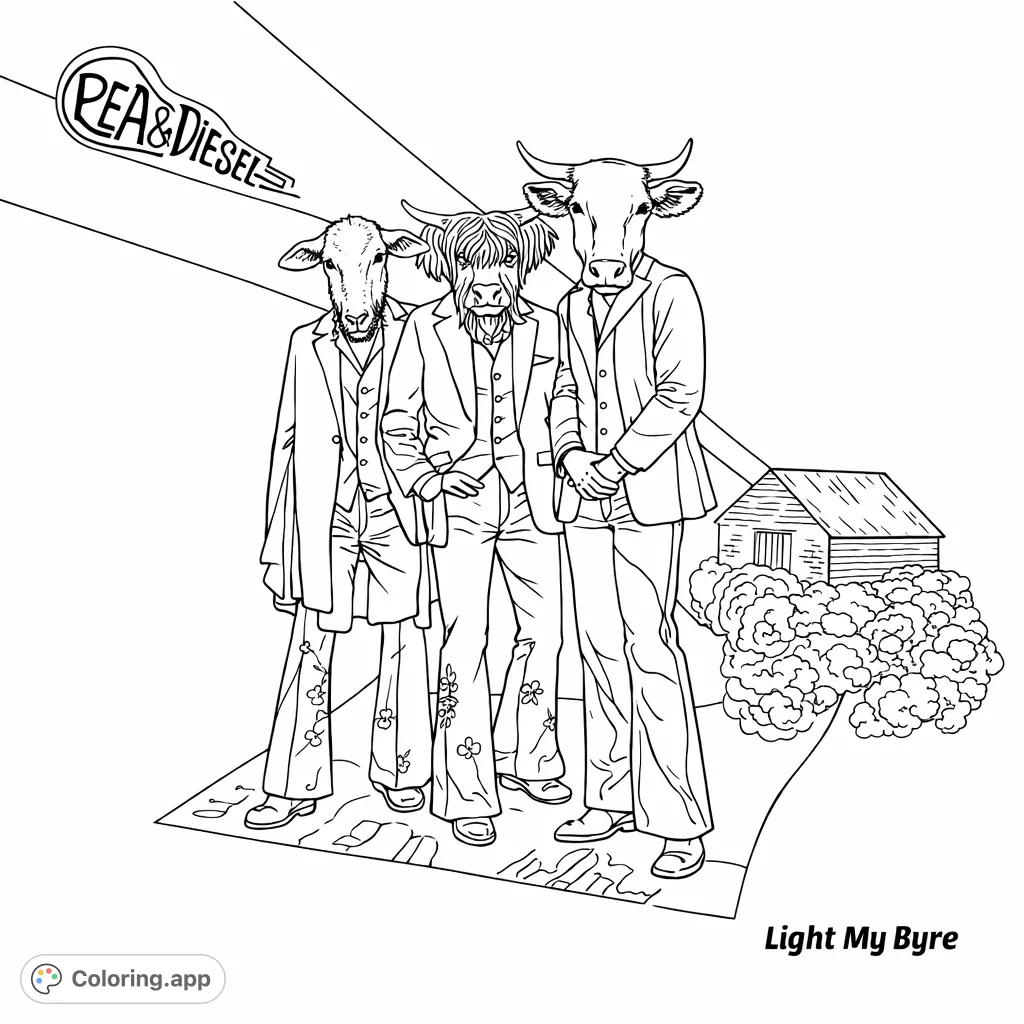Whimsical scene featuring three animal-headed figures in stylish suits, a barn, and abstract shapes, perfect for creative and imaginative coloring.
