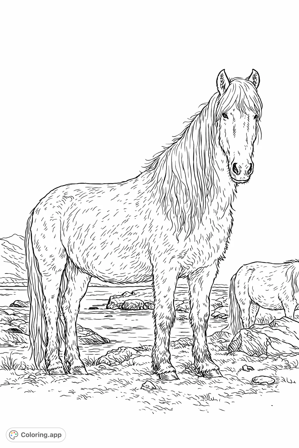 An impressive horse with a flowing mane stands in a textured, rocky landscape by water, offering a captivating horse coloring page for creative expression.