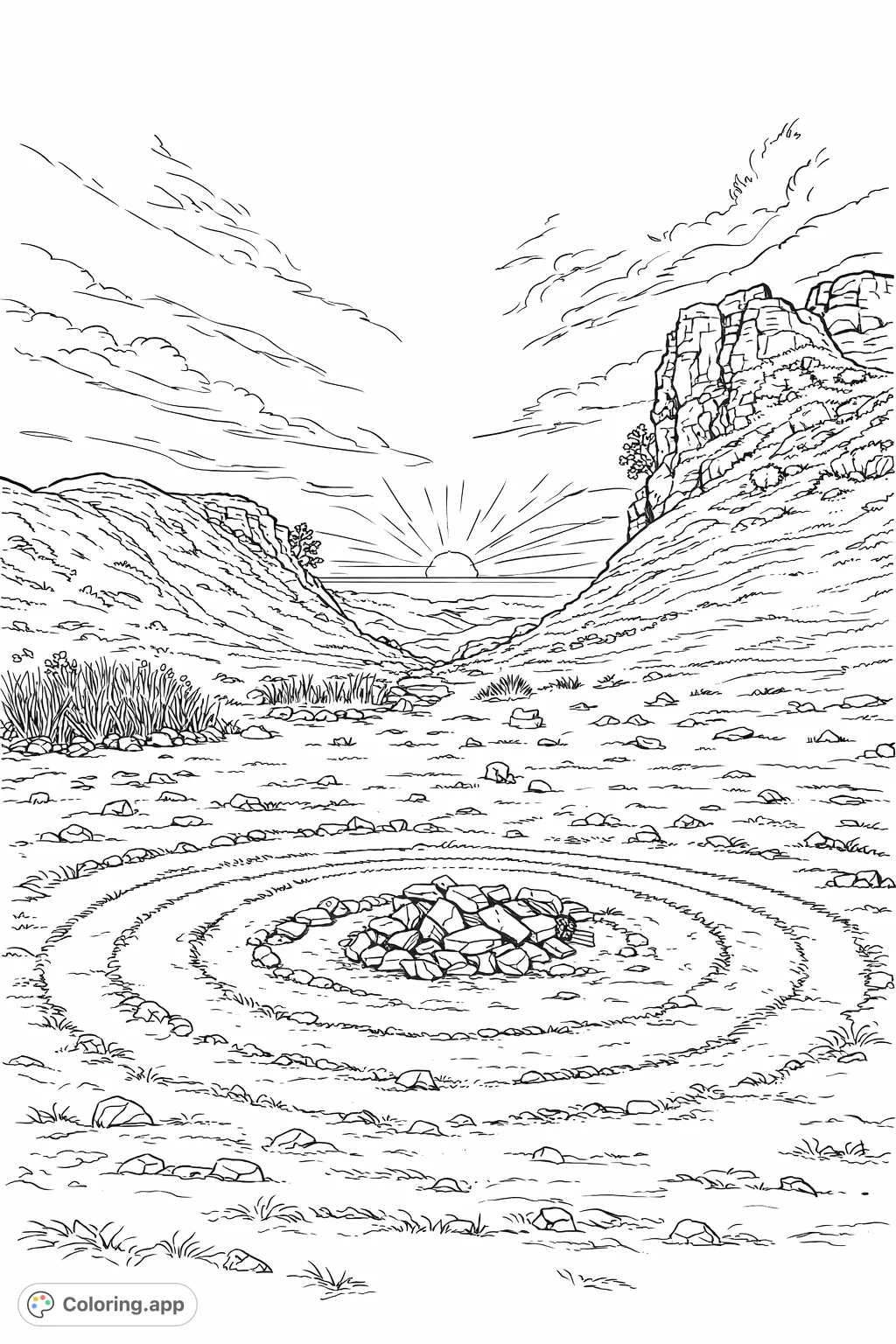 Explore a serene valley landscape with a captivating spiral rock formation and a dramatic horizon. A peaceful nature scene for all ages to color.