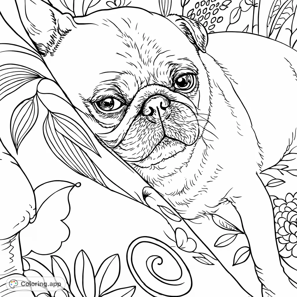 A charming pug rests comfortably on a cushion adorned with intricate floral and leaf patterns, offering a delightful scene for animal and pattern enthusiasts.