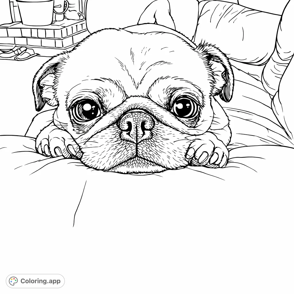 An adorable pug rests its head on its paws, gazing forward with expressive eyes. A charming and engaging pug coloring page for all animal lovers.