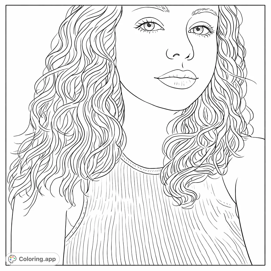 A charming portrait of a young woman with expressive features and beautifully detailed wavy hair, offering a relaxing and creative coloring experience.