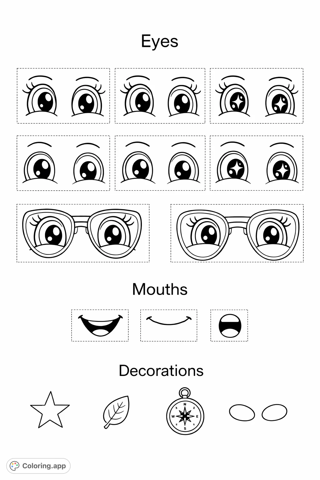 A collection of cute cartoon eyes, mouths, and fun decorations for creative character design and expressive coloring. Perfect for designing unique faces.