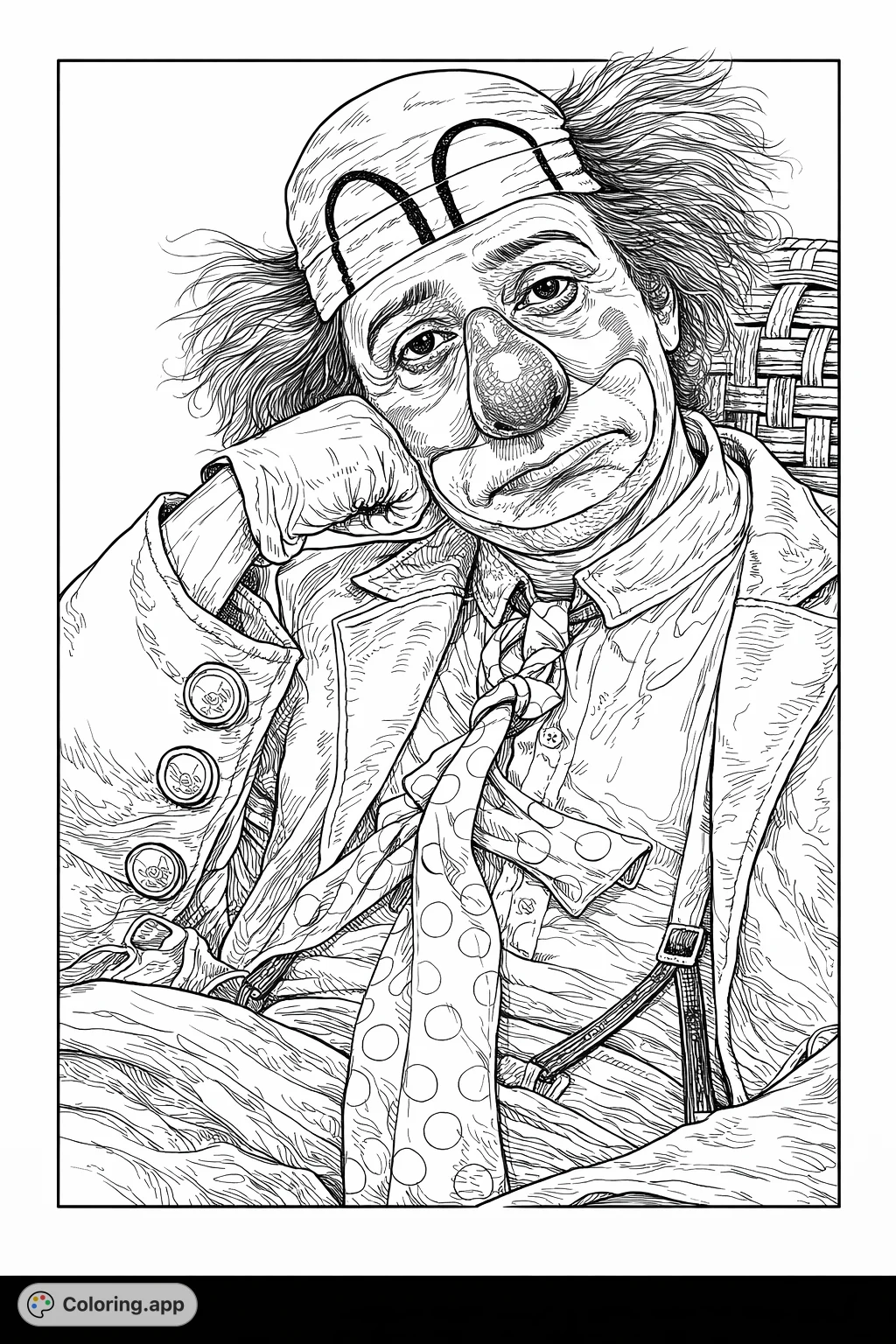 A highly detailed clown portrait featuring expressive facial makeup, a patterned tie, and textured costume elements for a challenging and realistic coloring experience.