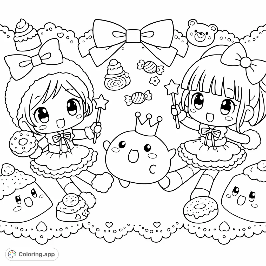 Dive into a sweet world with two adorable girls and their charming blob friends amidst a shower of candies and treats! A delightful kawaii scene.