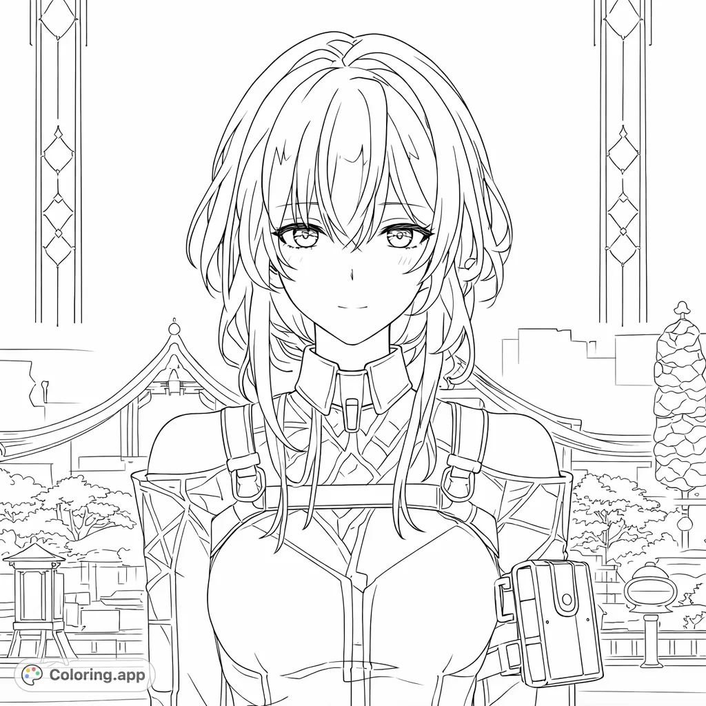 An elegant anime character stands before a futuristic cityscape. Intricate outfit details and a serene expression invite detailed coloring for fans of fantasy and animation.