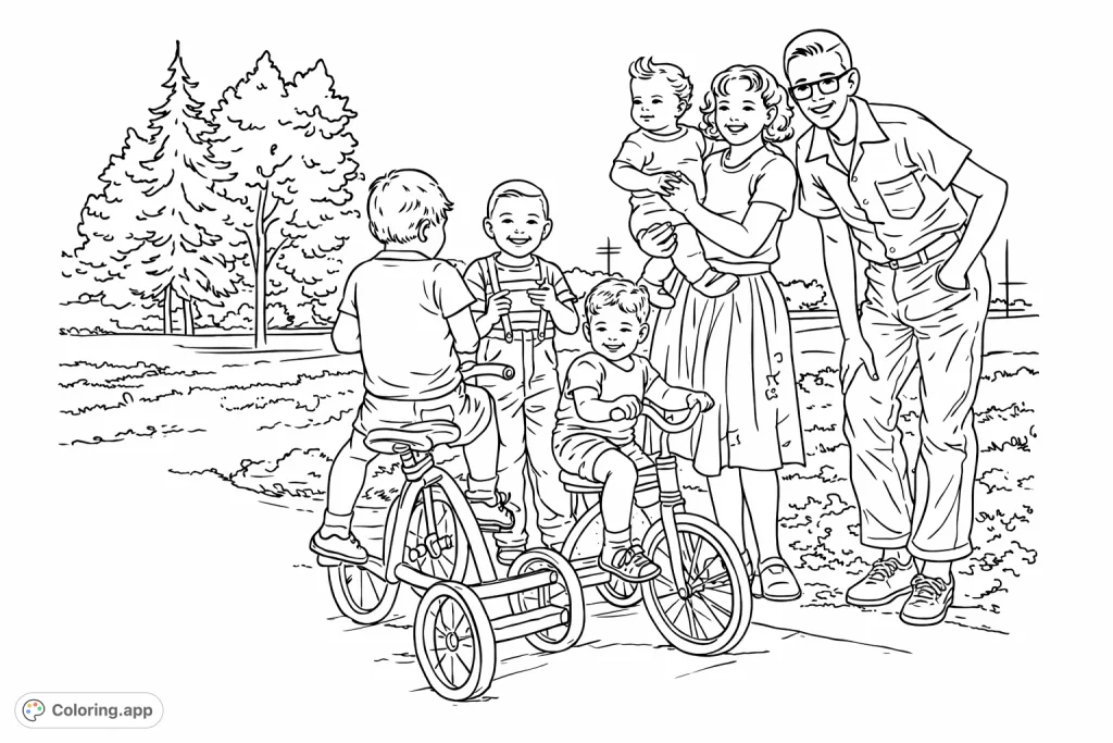 A heartwarming scene of six cheerful children playing outdoors with bicycles and tricycles. Capture the joy and innocence of childhood fun.