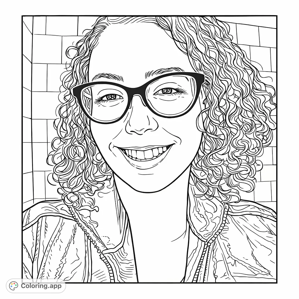 A delightful portrait of a smiling woman with curly hair and stylish glasses, perfect for a personalized coloring experience and creative expression.