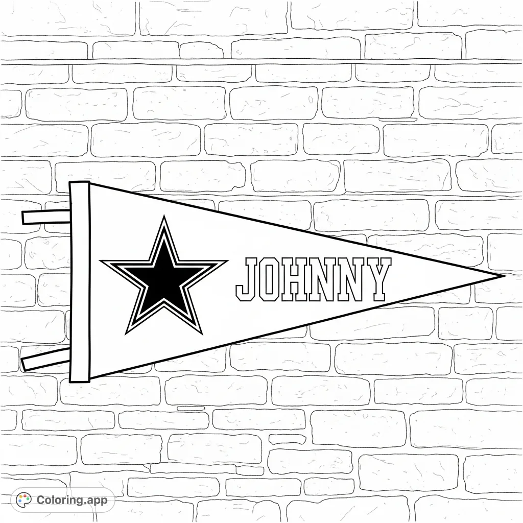 A custom NFL Dallas Cowboys star pennant, personalized with "Johnny", hangs against a textured brick wall, perfect for fans.