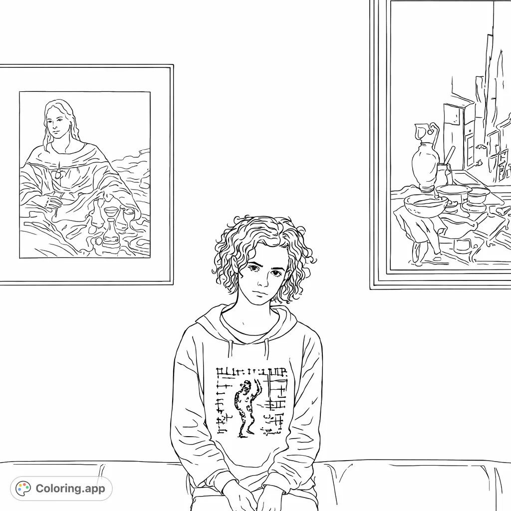 A young individual with curly hair sits on a textured couch, framed by two detailed artworks on the wall. A unique graphic print adorns their hoodie.