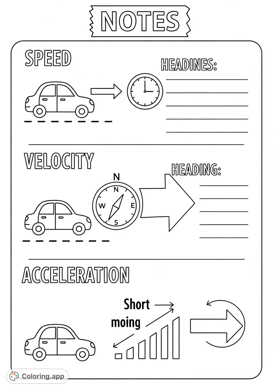 Engaging doodle notes illustrating speed, acceleration, and velocity with clear visuals and space for definitions. Perfect for learning physics concepts!