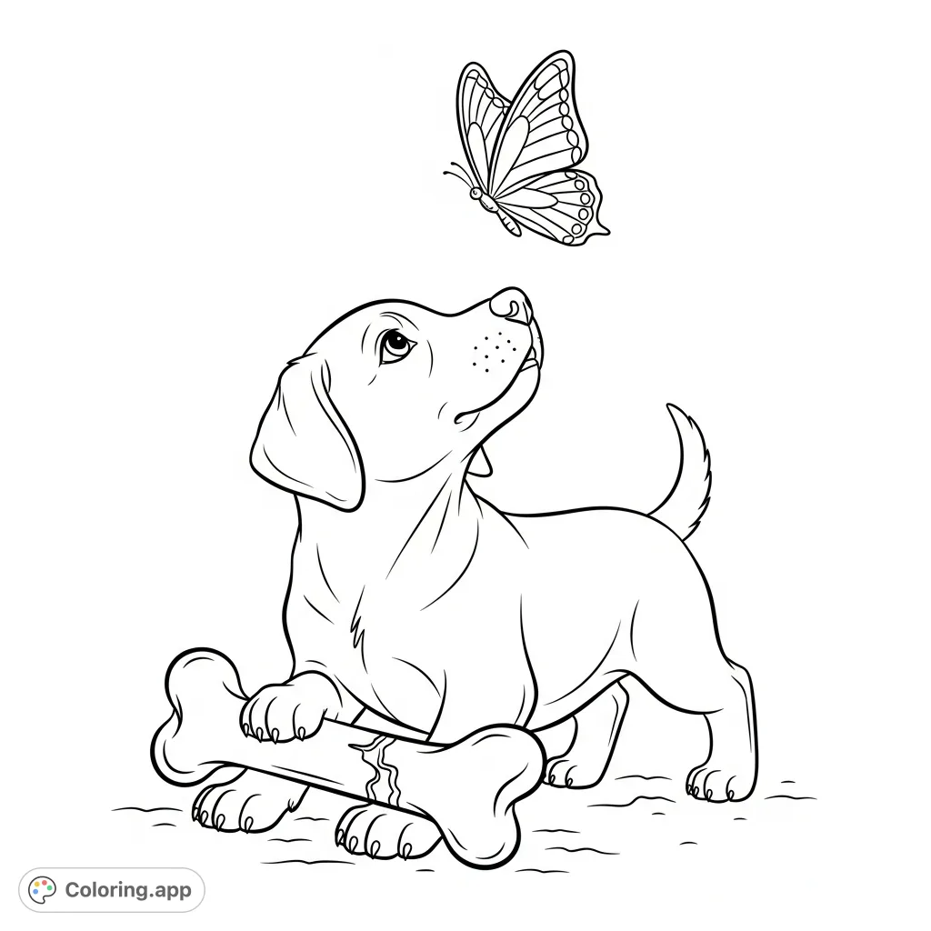 A charming puppy pauses from chewing its bone, looking up with curious eyes at a fluttering butterfly, inviting imaginative coloring fun for kids.