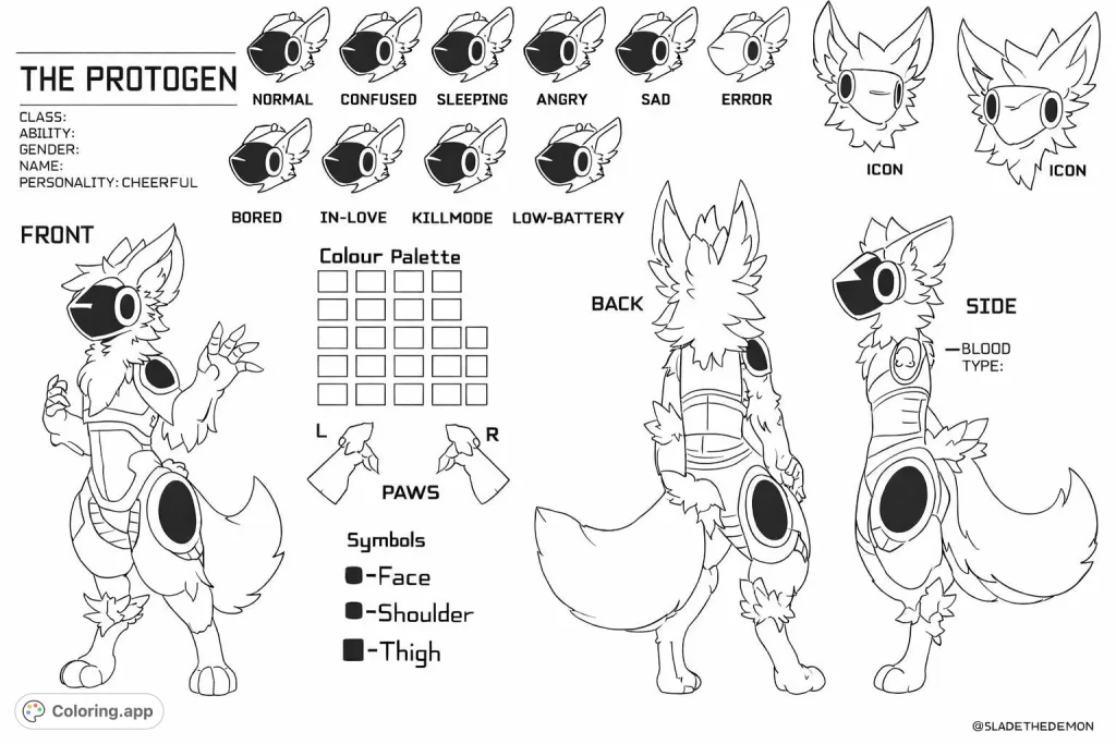 An intricate Protogen character reference sheet showcasing front, back, and side views, multiple expressions, and detailed features for imaginative coloring.